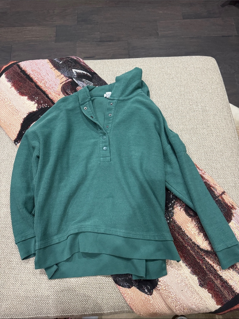 Women's Green Waffle Henley Hoodie Sweatshirt